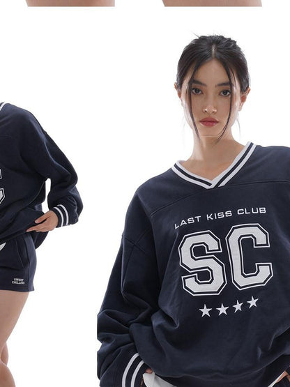 SweetChilling Oversized Heavy Embroidered Rugby V-neck Women&
