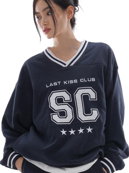 SweetChilling Oversized Heavy Embroidered Rugby V-neck Women&