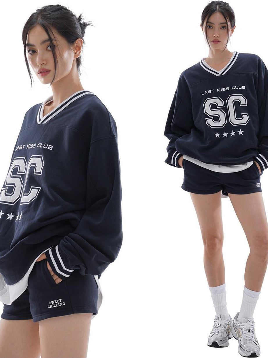 SweetChilling Oversized Heavy Embroidered Rugby V-neck Women&
