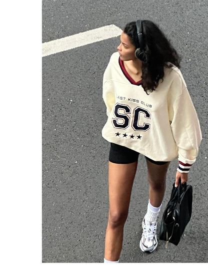 SweetChilling Oversized Heavy Embroidered Rugby V-neck Women&