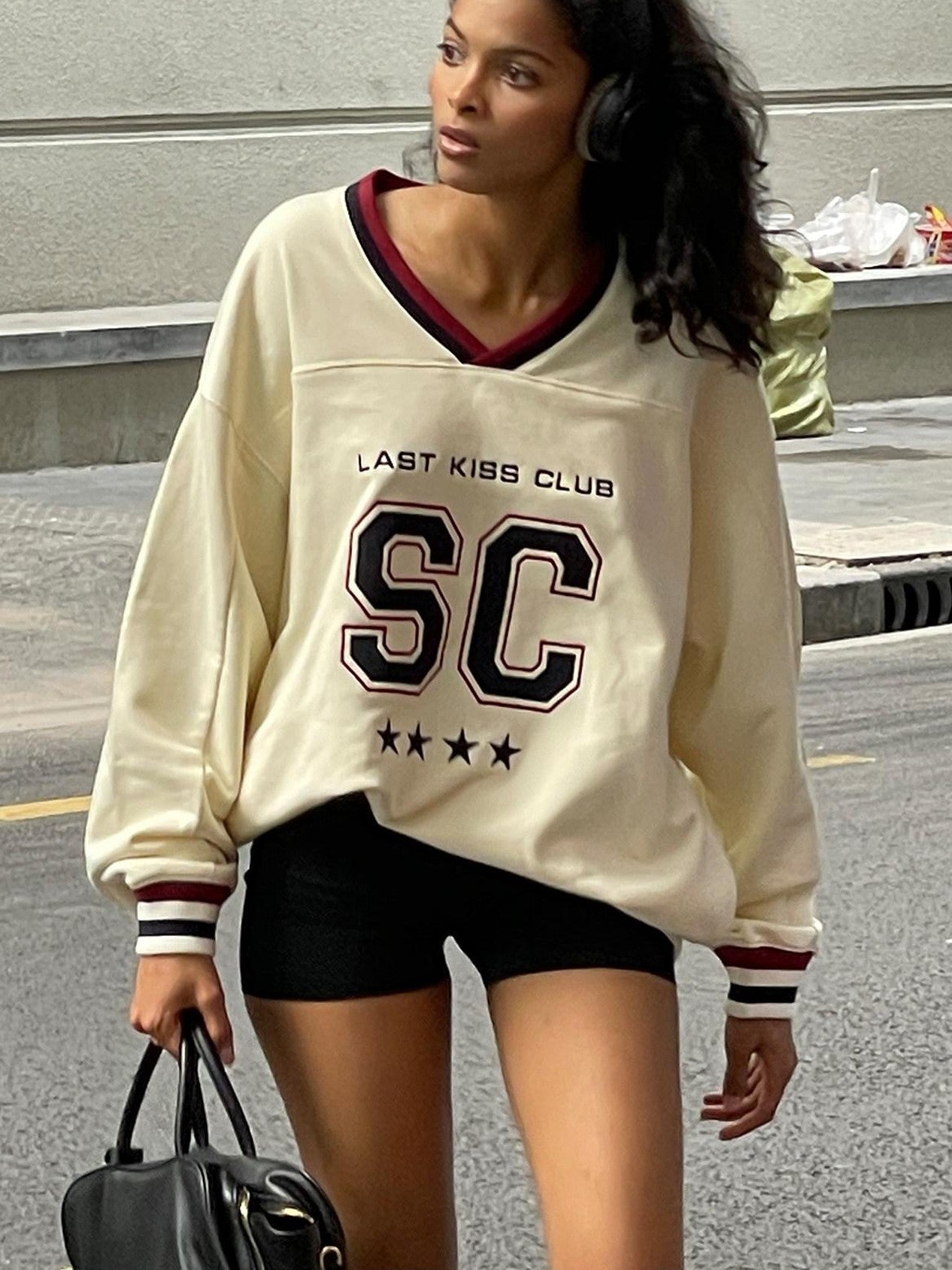 SweetChilling Oversized Heavy Embroidered Rugby V-neck Women&