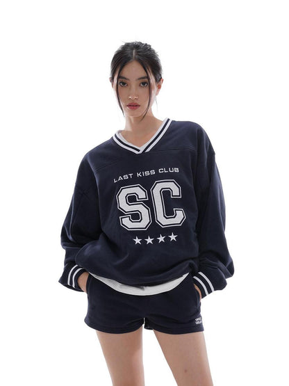 SweetChilling Oversized Heavy Embroidered Rugby V-neck Women&