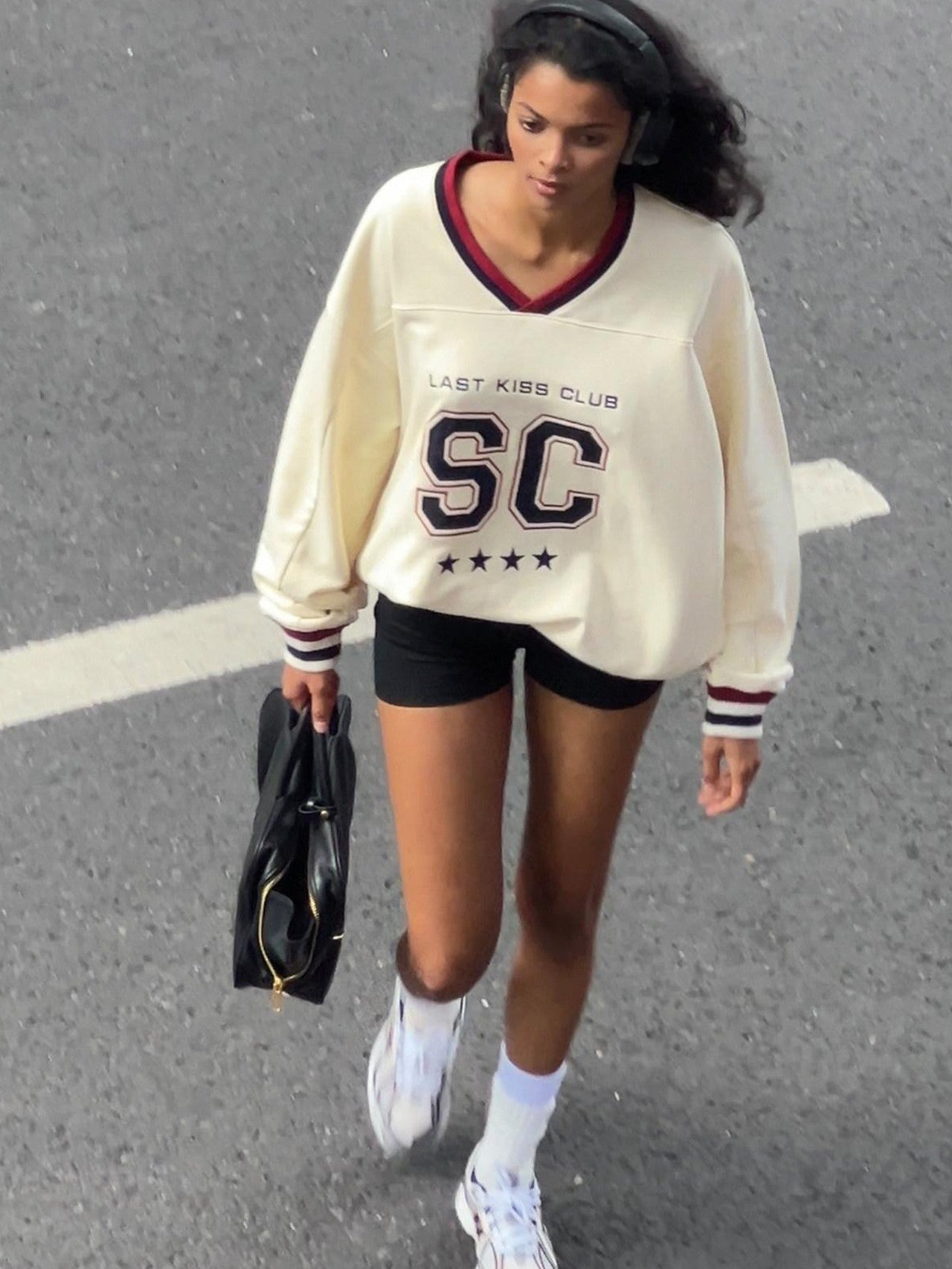 SweetChilling Oversized Heavy Embroidered Rugby V-neck Women&