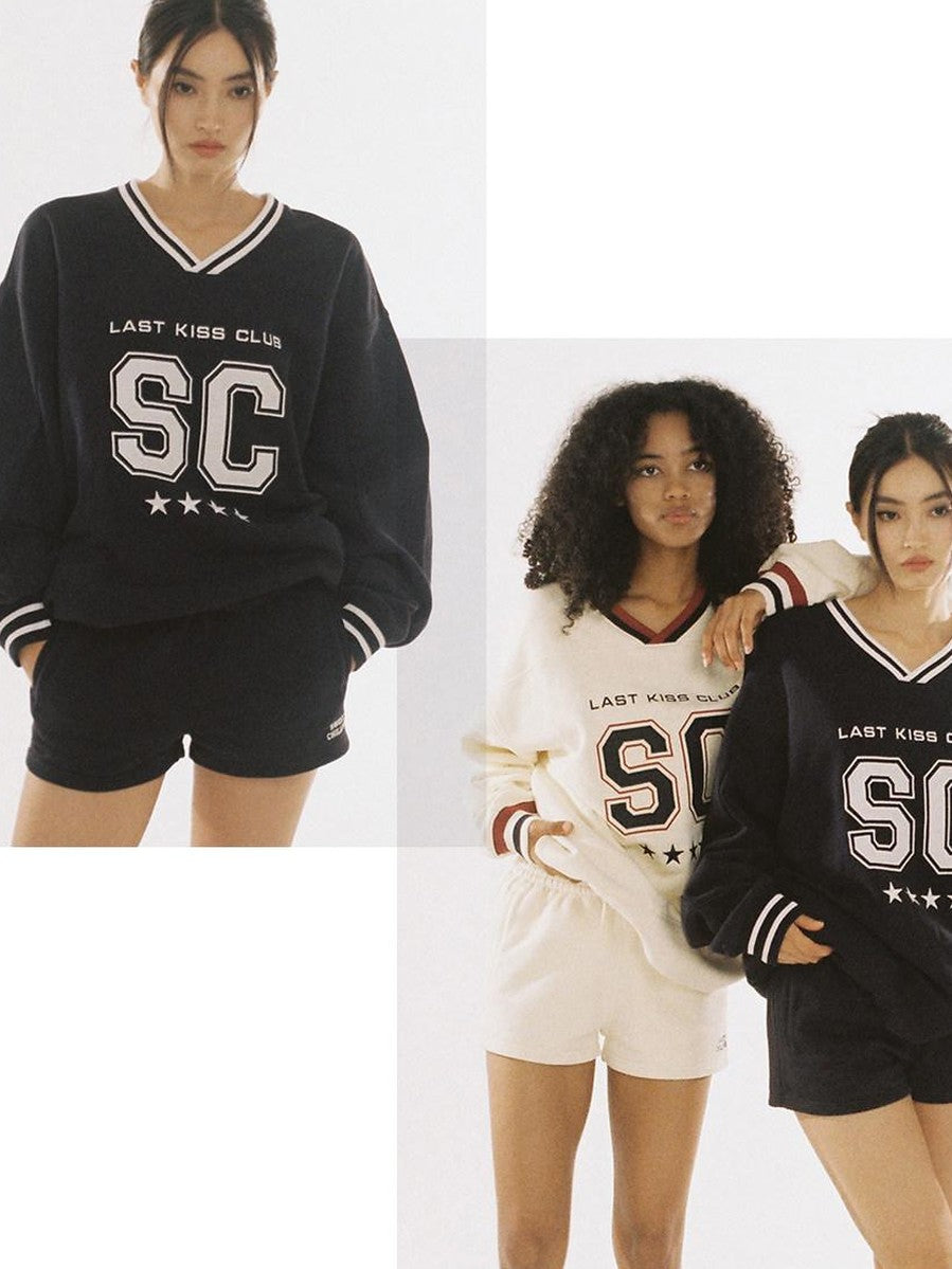 SweetChilling Oversized Heavy Embroidered Rugby V-neck Women&