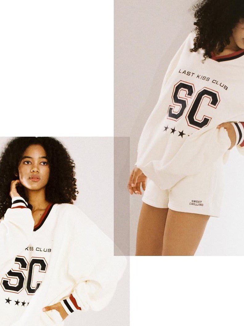 SweetChilling Oversized Heavy Embroidered Rugby V-neck Women&