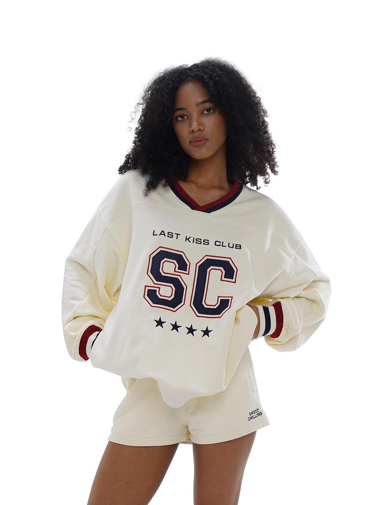 SweetChilling Oversized Heavy Embroidered Rugby V-neck Women&