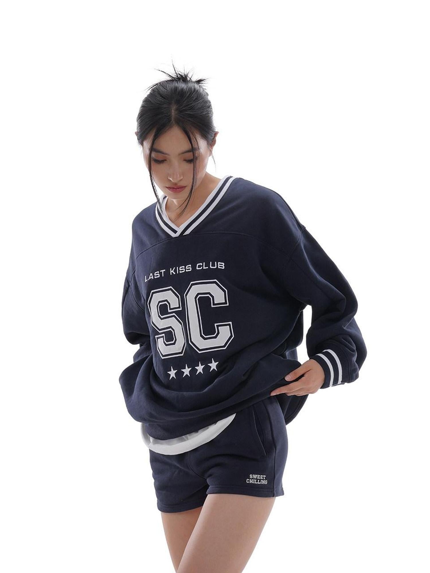 SweetChilling Oversized Heavy Embroidered Rugby V-neck Women&