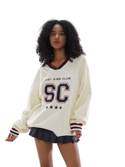SweetChilling Oversized Heavy Embroidered Rugby V-neck Women&