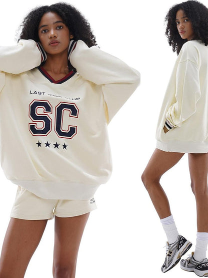 SweetChilling Oversized Heavy Embroidered Rugby V-neck Women&