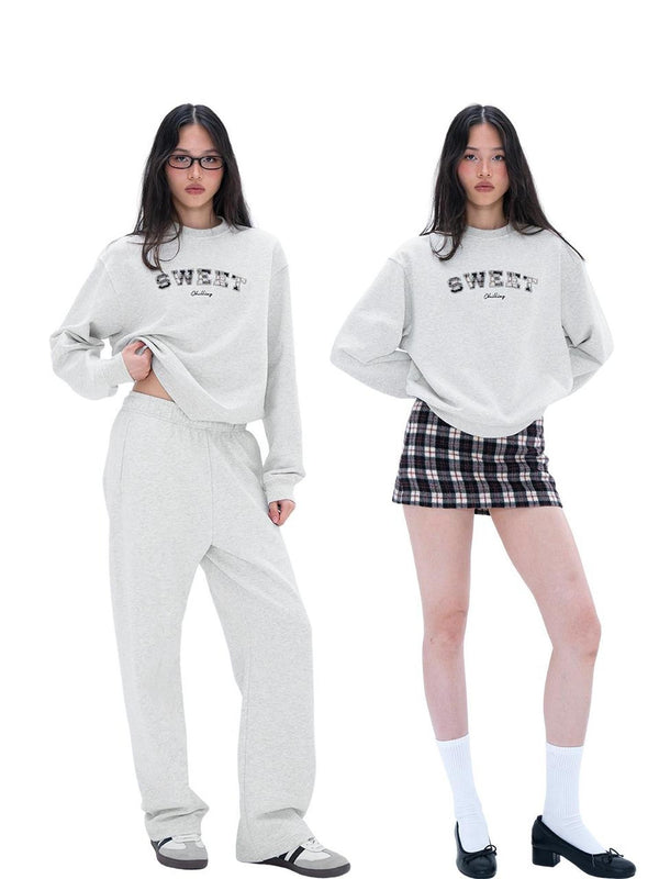 Plaid Applique Embroidered Preppy Women's Cotton Top & Pants Sets