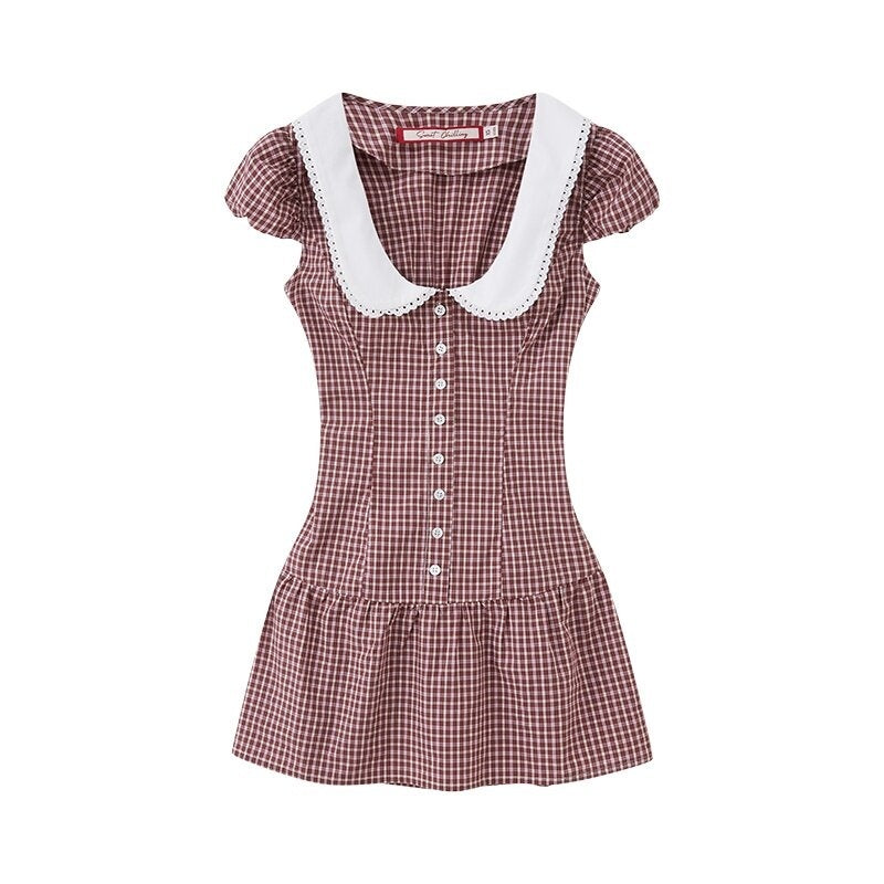 SweetChilling Plaid Contrast Collar Waist Cinching Women&