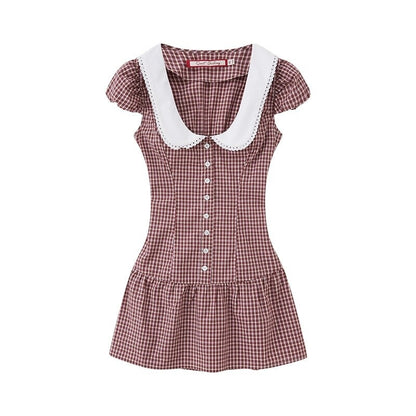 SweetChilling Plaid Contrast Collar Waist Cinching Women&