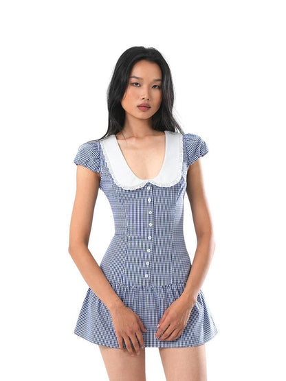 SweetChilling Plaid Contrast Collar Waist Cinching Women&
