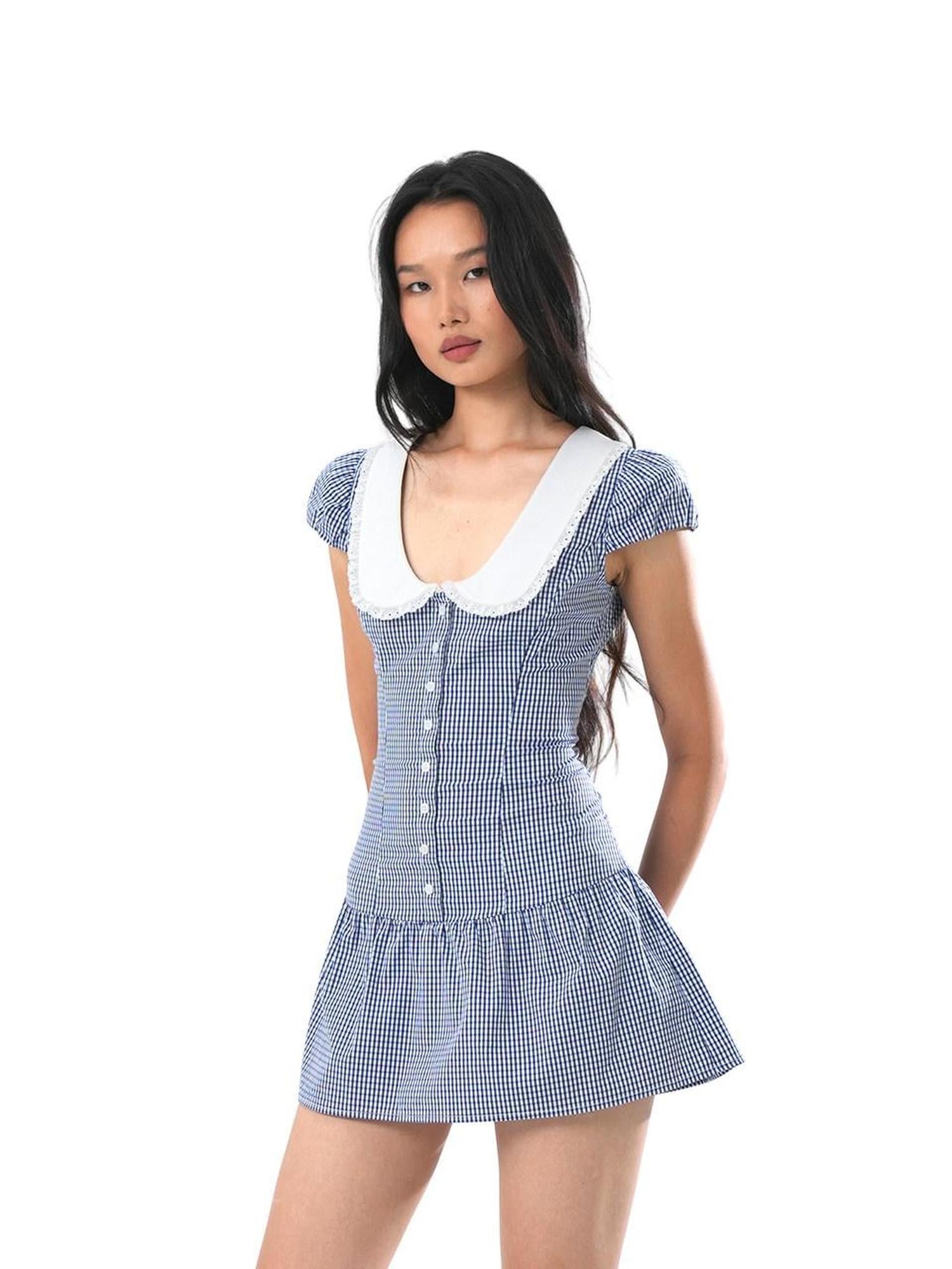 SweetChilling Plaid Contrast Collar Waist Cinching Women&