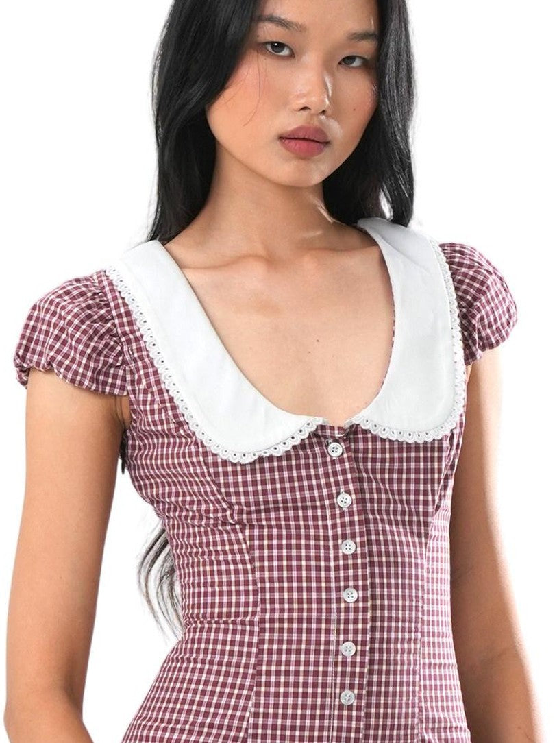 SweetChilling Plaid Contrast Collar Waist Cinching Women&