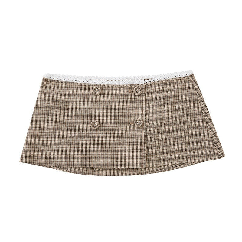 SweetChilling Plaid Double Breasted Cropped Aline Pumpkin Shorts Women&