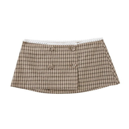SweetChilling Plaid Double Breasted Cropped Aline Pumpkin Shorts Women&
