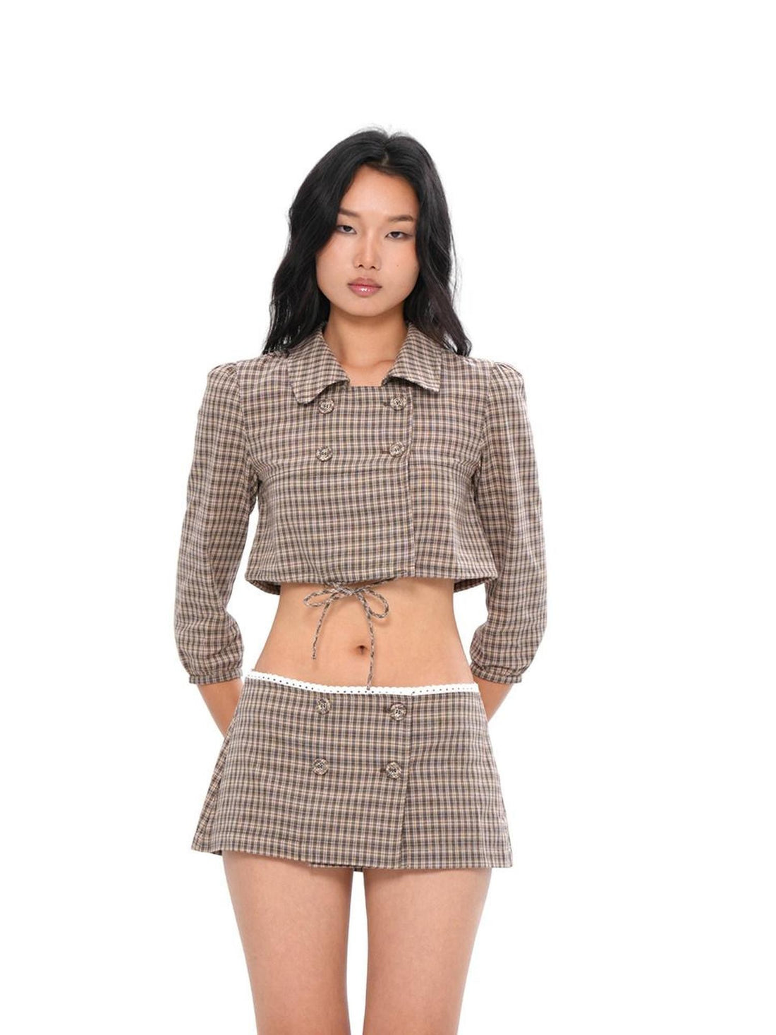 SweetChilling Plaid Double Breasted Cropped Aline Pumpkin Shorts Women&