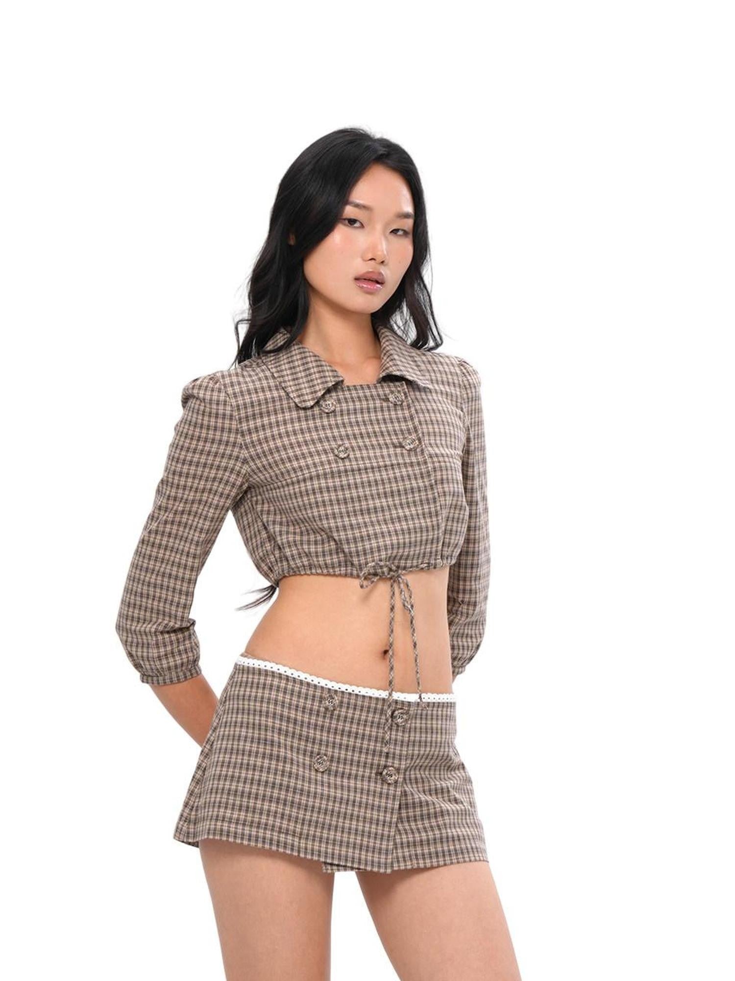 SweetChilling Plaid Double Breasted Cropped Aline Pumpkin Shorts Women&