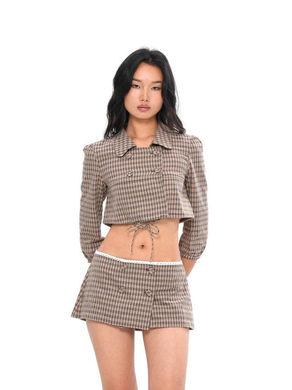 SweetChilling Plaid Double Breasted Cropped Aline Pumpkin Shorts Women&