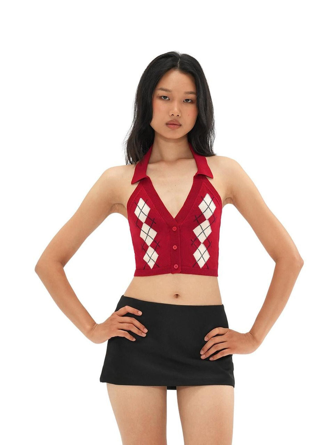SweetChilling Plaid Jacquard Rhombus Sleeveless Crop Women&