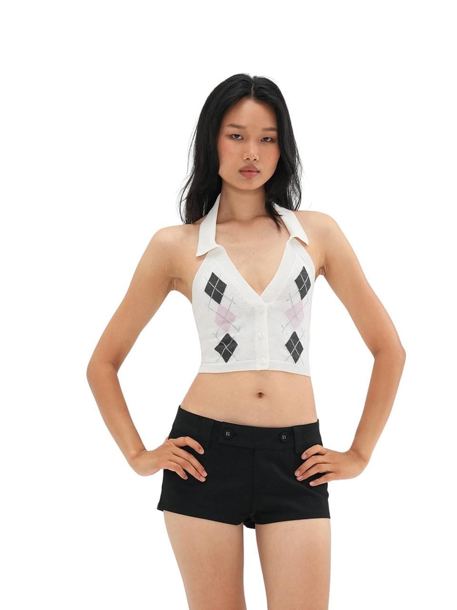 SweetChilling Plaid Jacquard Rhombus Sleeveless Crop Women&