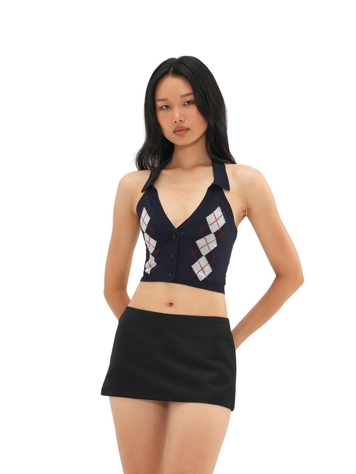 SweetChilling Plaid Jacquard Rhombus Sleeveless Crop Women&