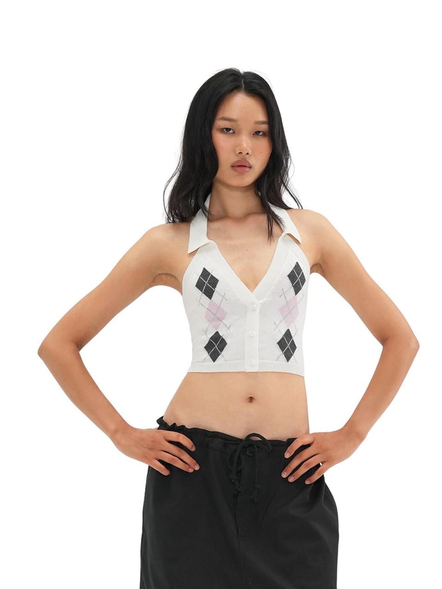 SweetChilling Plaid Jacquard Rhombus Sleeveless Crop Women&