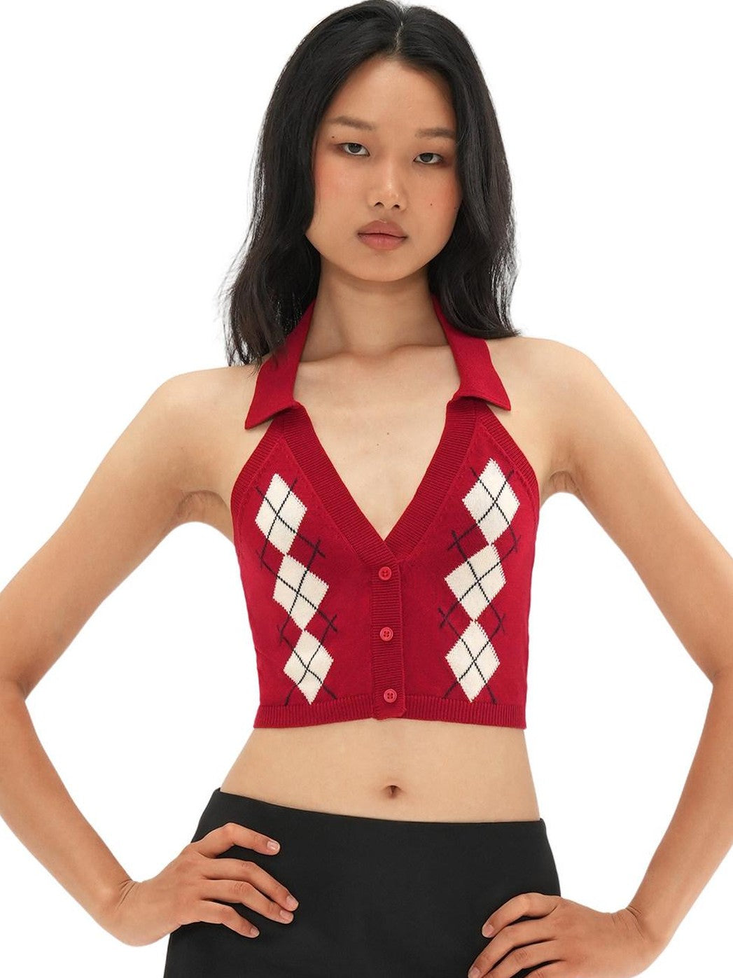 SweetChilling Plaid Jacquard Rhombus Sleeveless Crop Women&