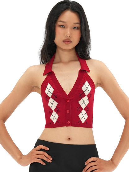 SweetChilling Plaid Jacquard Rhombus Sleeveless Crop Women&