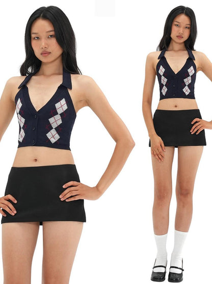 SweetChilling Plaid Jacquard Rhombus Sleeveless Crop Women&