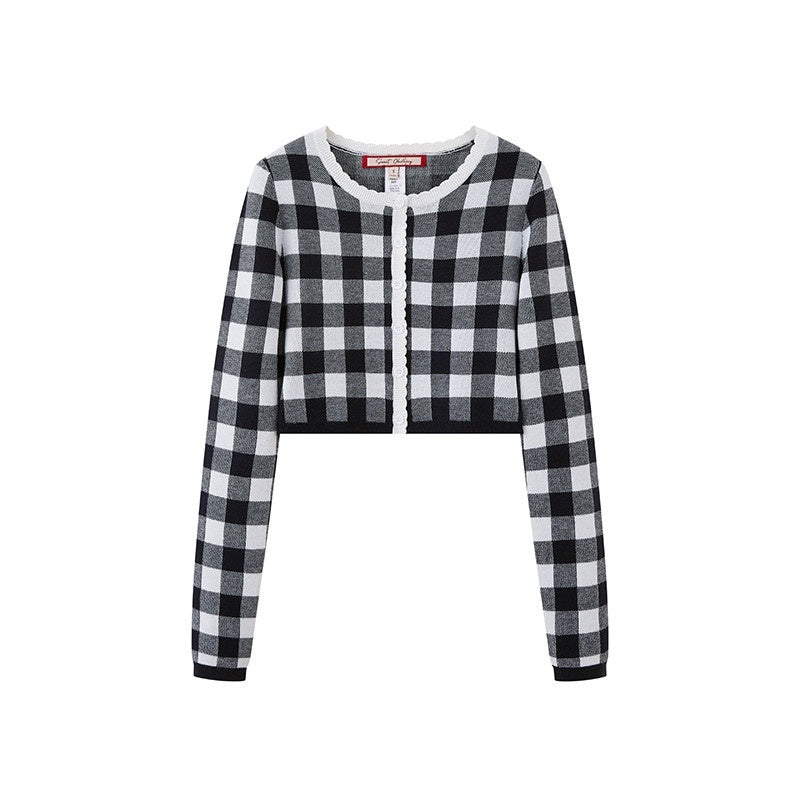 SweetChilling Plaid Knit Long Sleeve Cardigan A Line Women&