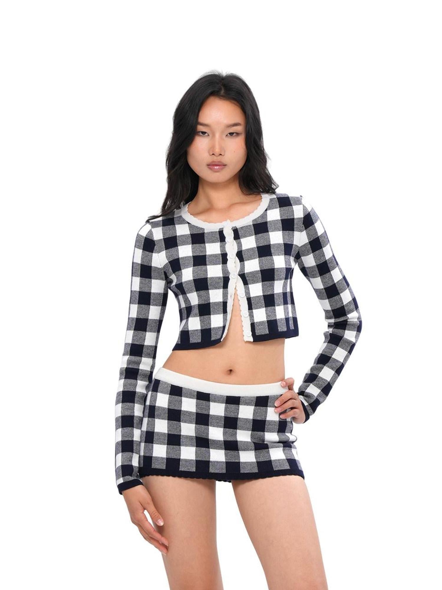 SweetChilling Plaid Knit Long Sleeve Cardigan A Line Women&