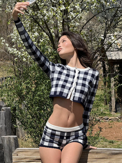SweetChilling Plaid Knit Long Sleeve Cardigan A Line Women&