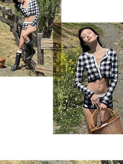 SweetChilling Plaid Knit Long Sleeve Cardigan A Line Women&