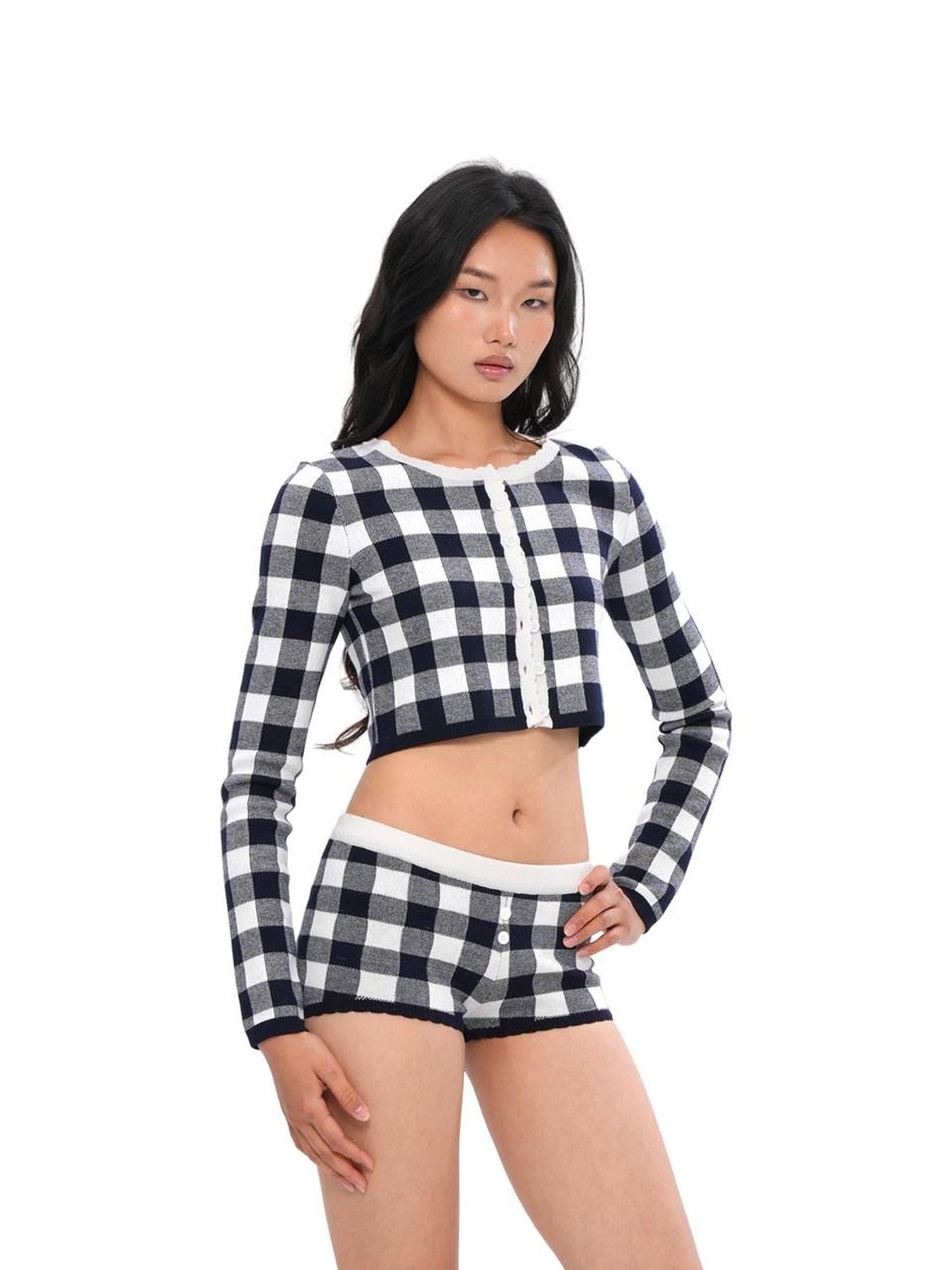 SweetChilling Plaid Knit Long Sleeve Cardigan A Line Women&