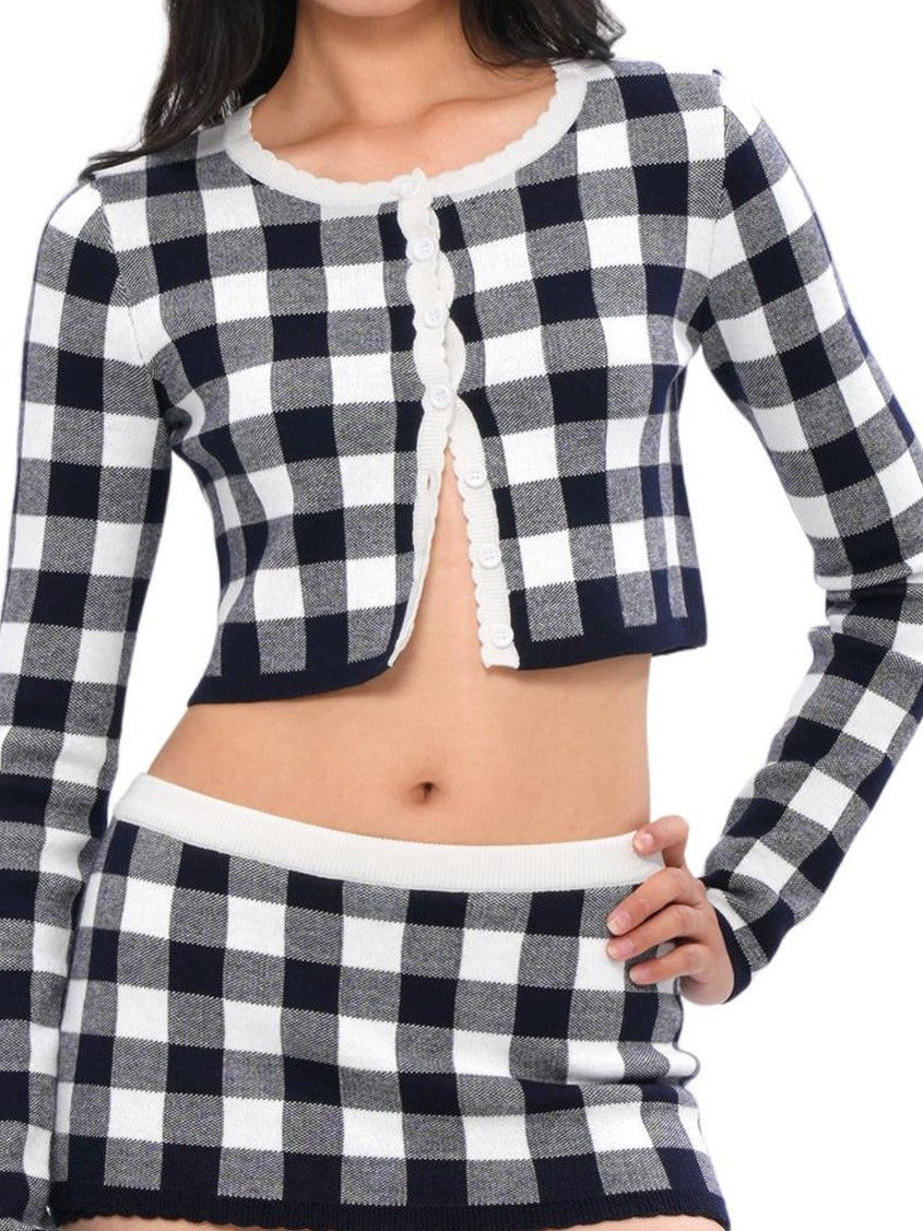 SweetChilling Plaid Knit Long Sleeve Cardigan A Line Women&