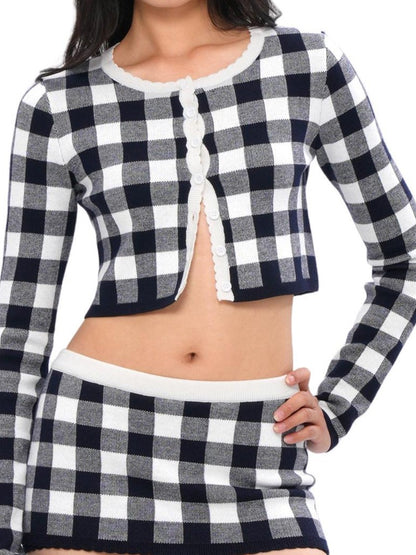 SweetChilling Plaid Knit Long Sleeve Cardigan A Line Women&