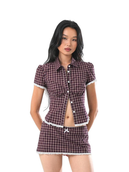 SweetChilling Plaid Lace Trim Cinched Waist Women&
