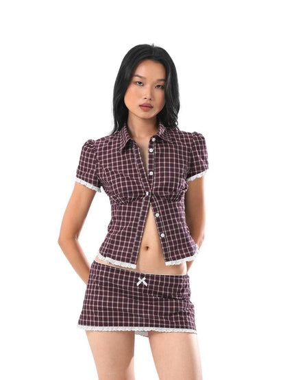 SweetChilling Plaid Lace Trim Cinched Waist Women&