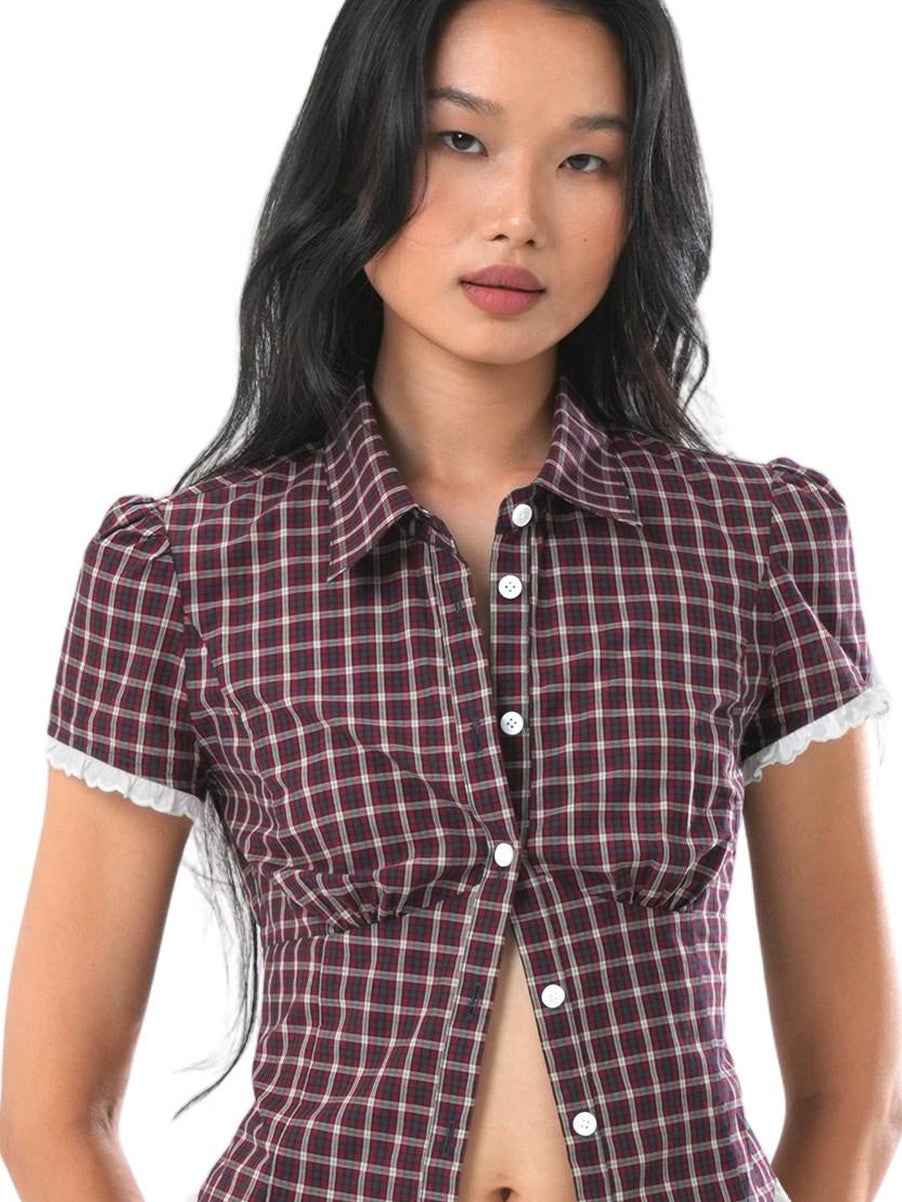 SweetChilling Plaid Lace Trim Cinched Waist Women&