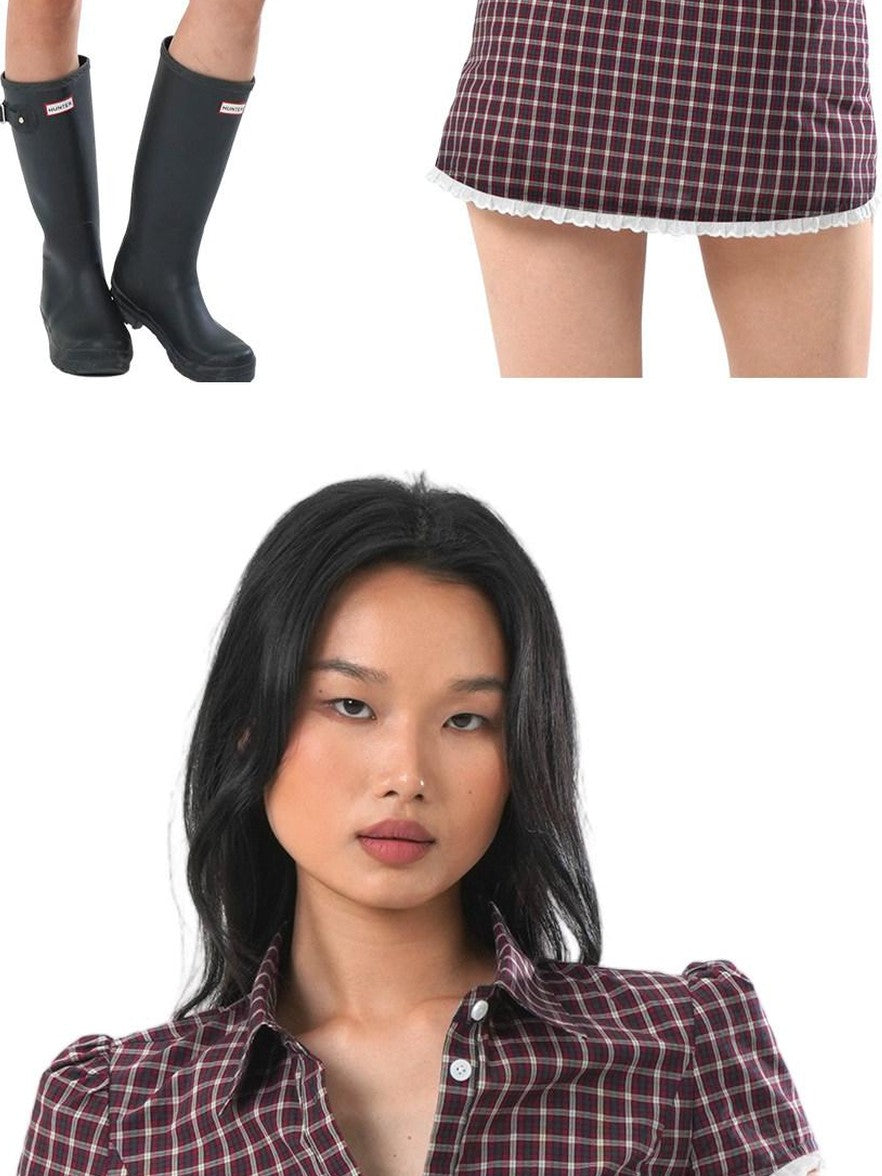 SweetChilling Plaid Lace Trim Cinched Waist Women&