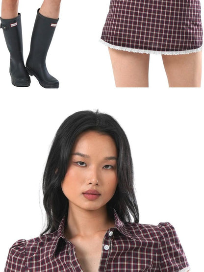 SweetChilling Plaid Lace Trim Cinched Waist Women&