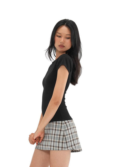 SweetChilling Plaid T Shirt Waist Cinched Slim Fit Short Sleeve Women&