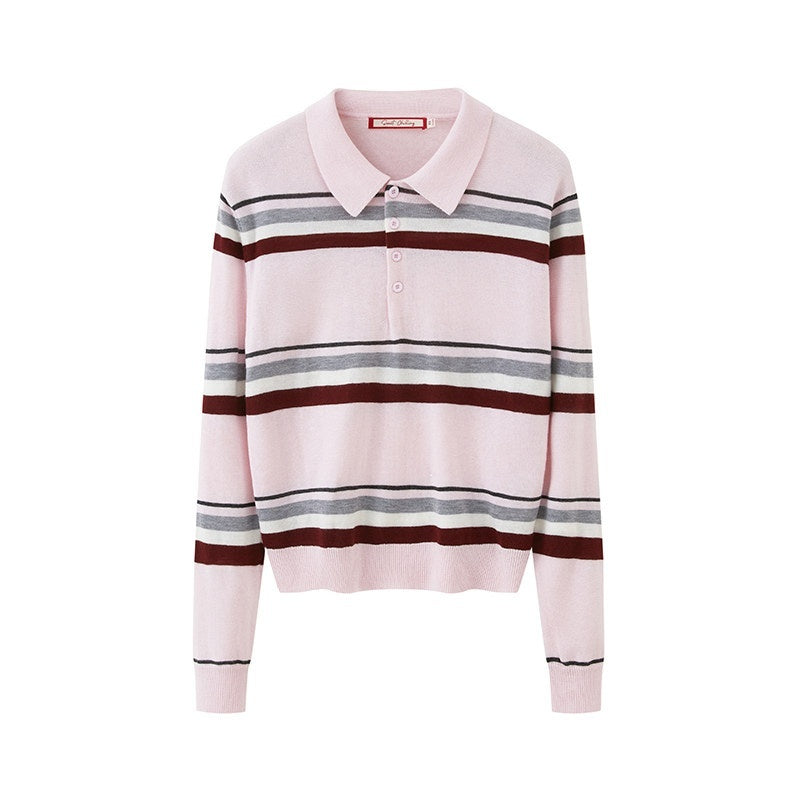 SweetChilling Polo Collar Striped College Knitted Women&