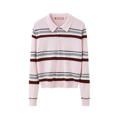 SweetChilling Polo Collar Striped College Knitted Women&