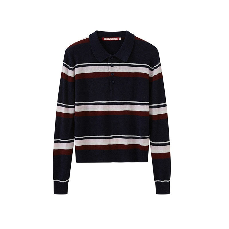 SweetChilling Polo Collar Striped College Knitted Women&