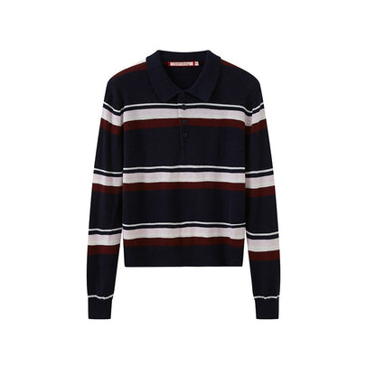 SweetChilling Polo Collar Striped College Knitted Women&