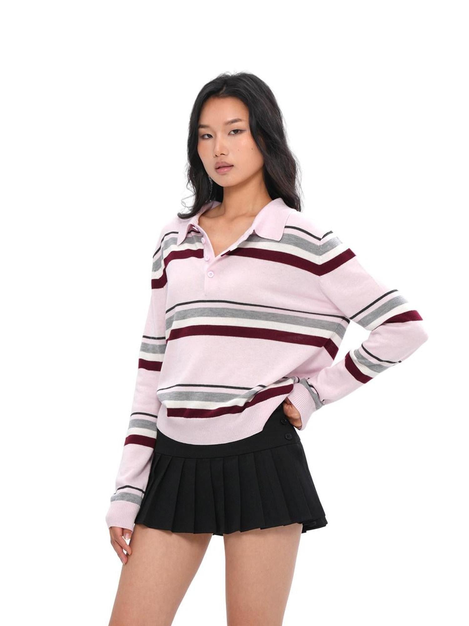 SweetChilling Polo Collar Striped College Knitted Women&