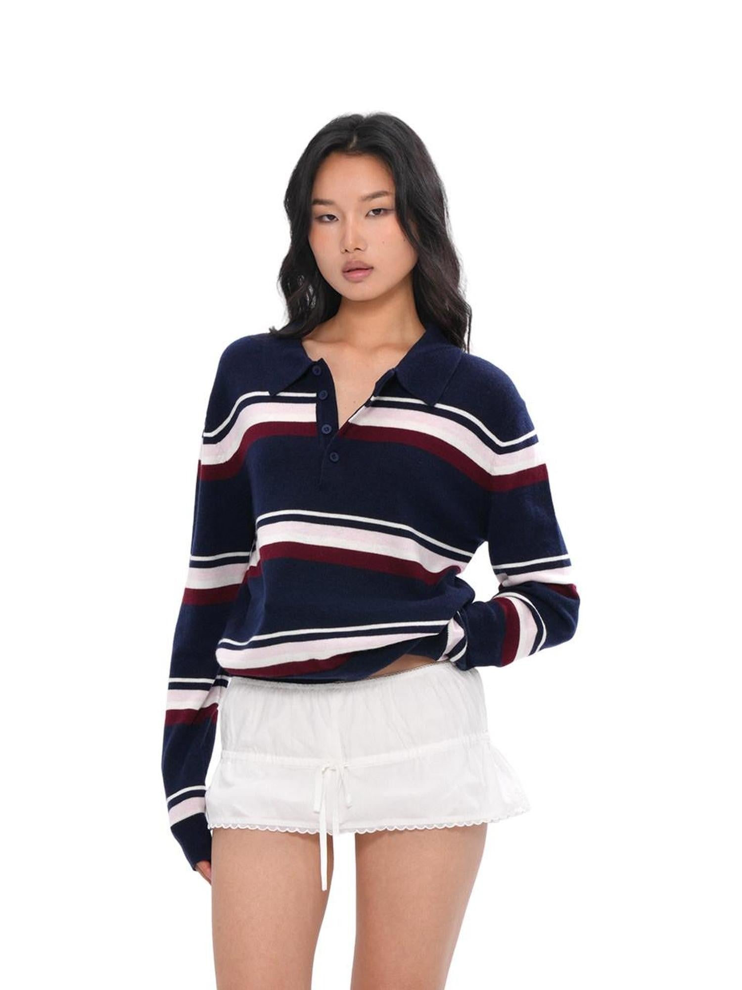 SweetChilling Polo Collar Striped College Knitted Women&